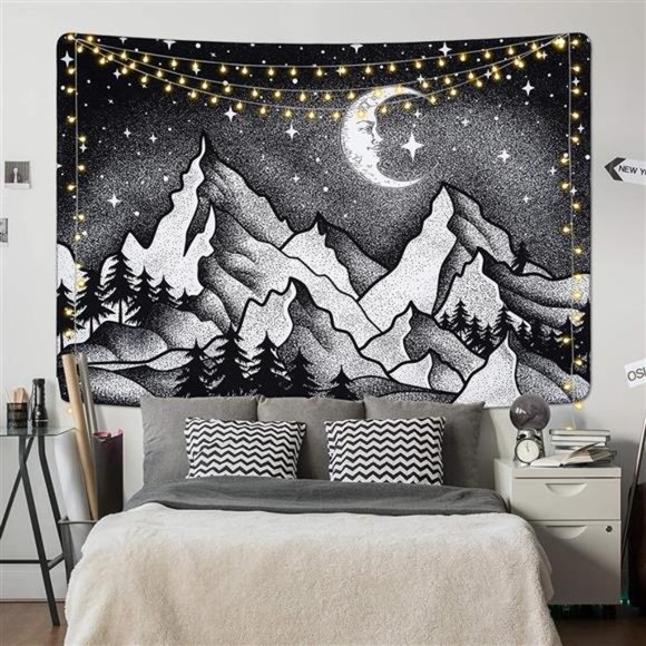 Mountain Moon Tapestry Starry Night Sky Tapestry Black and White - Picture 4 of 7